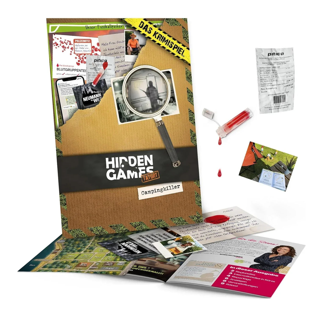Krimispiel Hidden Games Tatort Campingkiller mit Lupe und verschiedenen Beweismitteln auf weißem Hintergrund