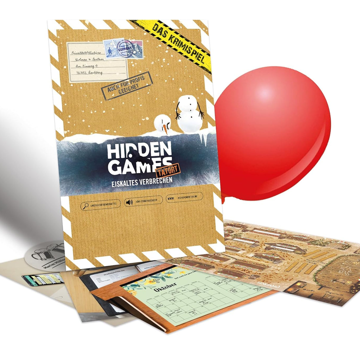 Krimispiel Hidden Games Eiskaltes Verbrechen mit Spielmaterial und rotem Luftballon