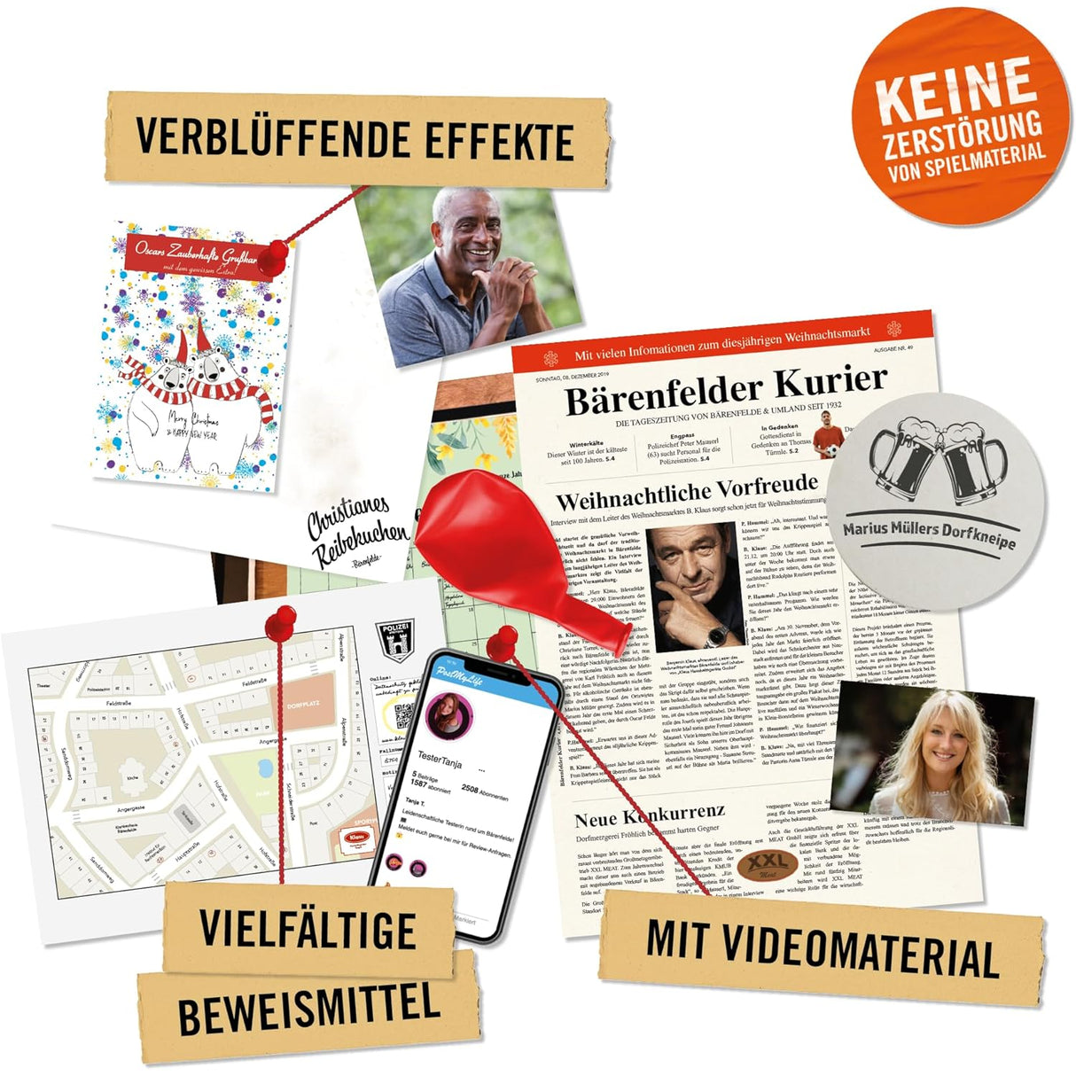 Spielmaterial mit Zeitung Bärenfelder Kurier, Stadtplan, Weihnachtskarte und Smartphone