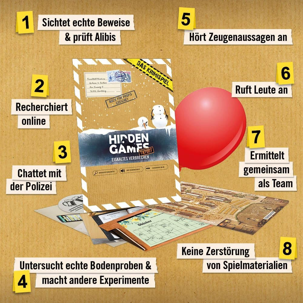 Infografik mit acht Schritten zur Spielanleitung des Krimispiels Hidden Games Eiskaltes Verbrechen