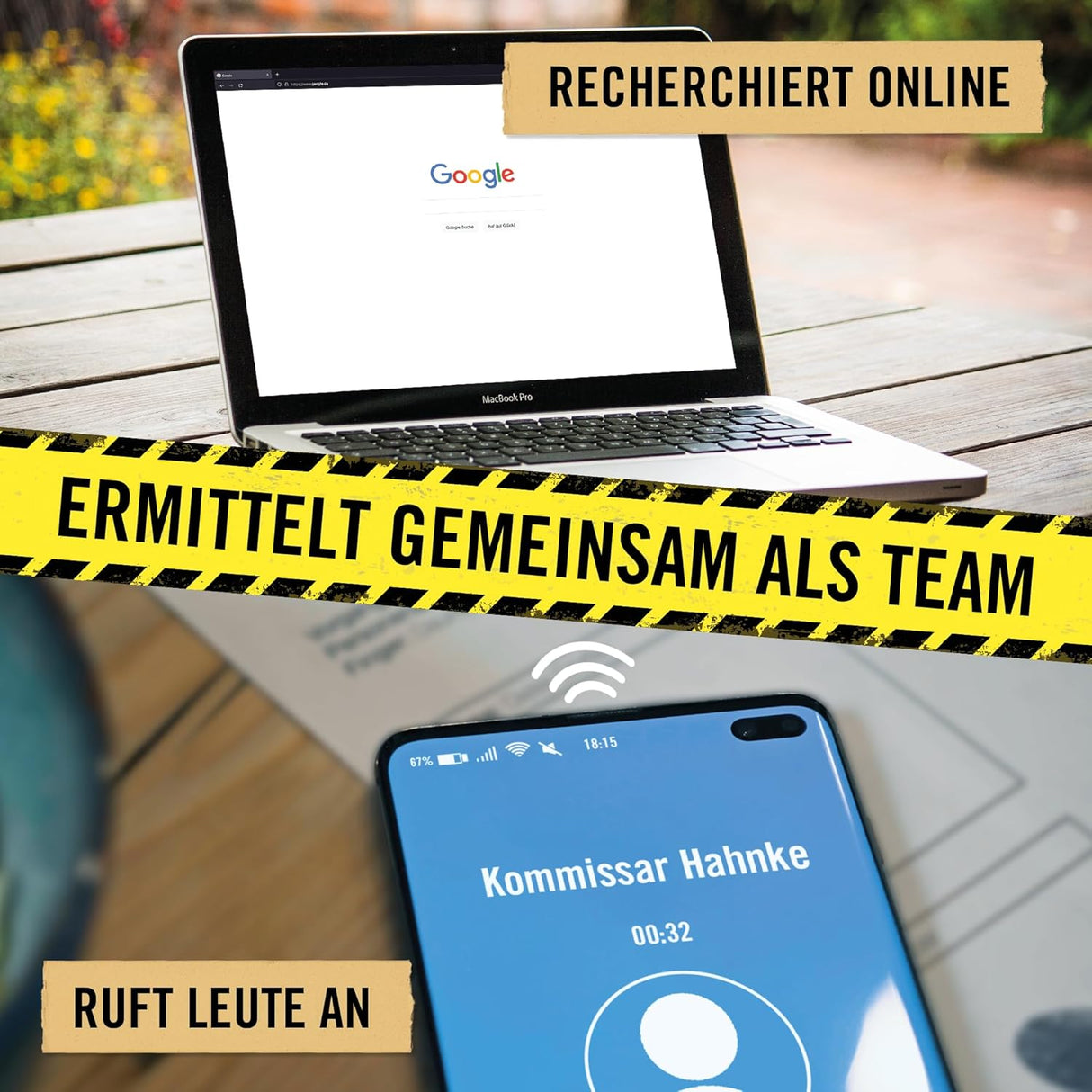 Laptop mit Google Suchseite und Smartphone mit eingehendem Anruf von Kommissar Hahnke