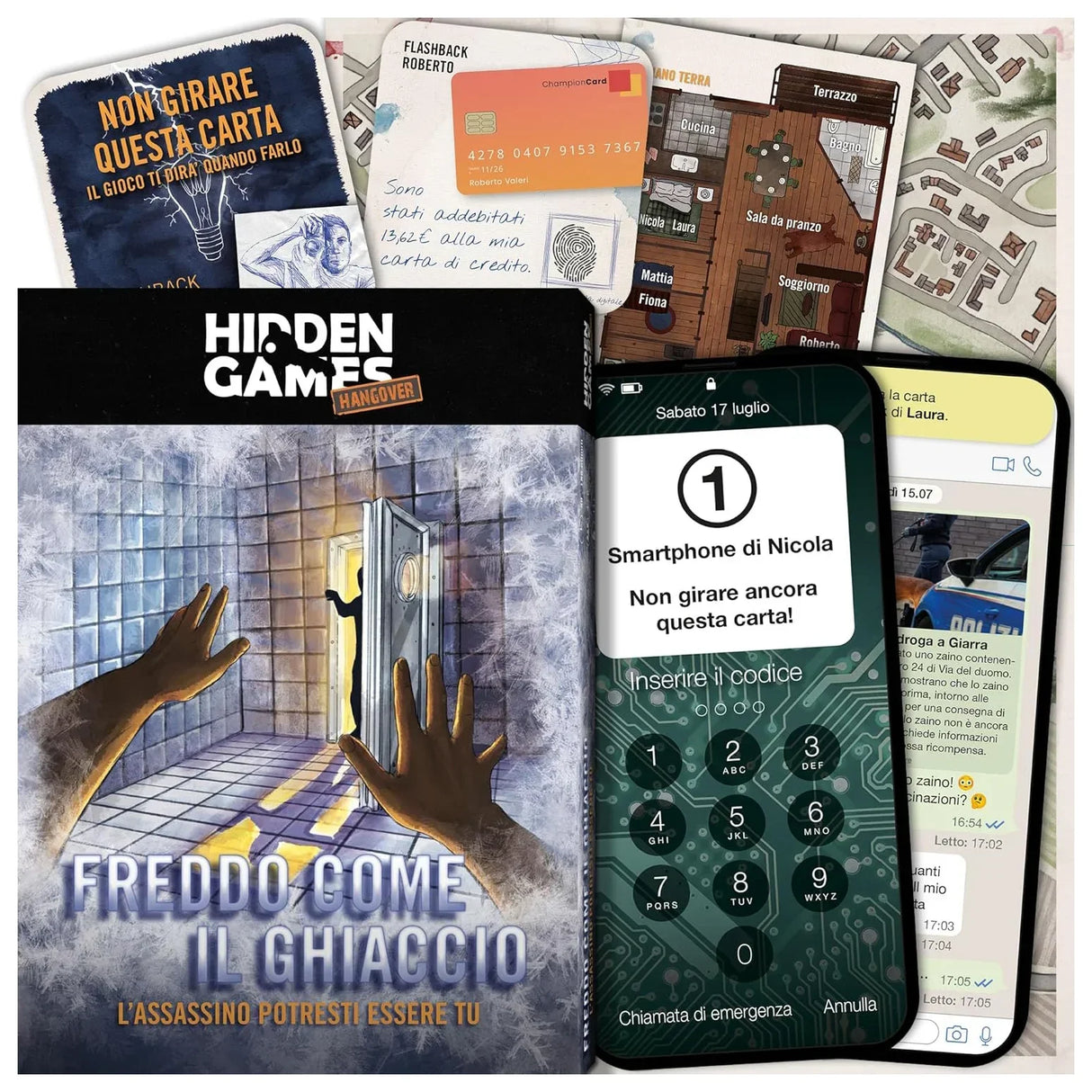 Brettspiel Hidden Games Hangover Freddo Come Il Ghiaccio mit Spielkarten und Smartphone