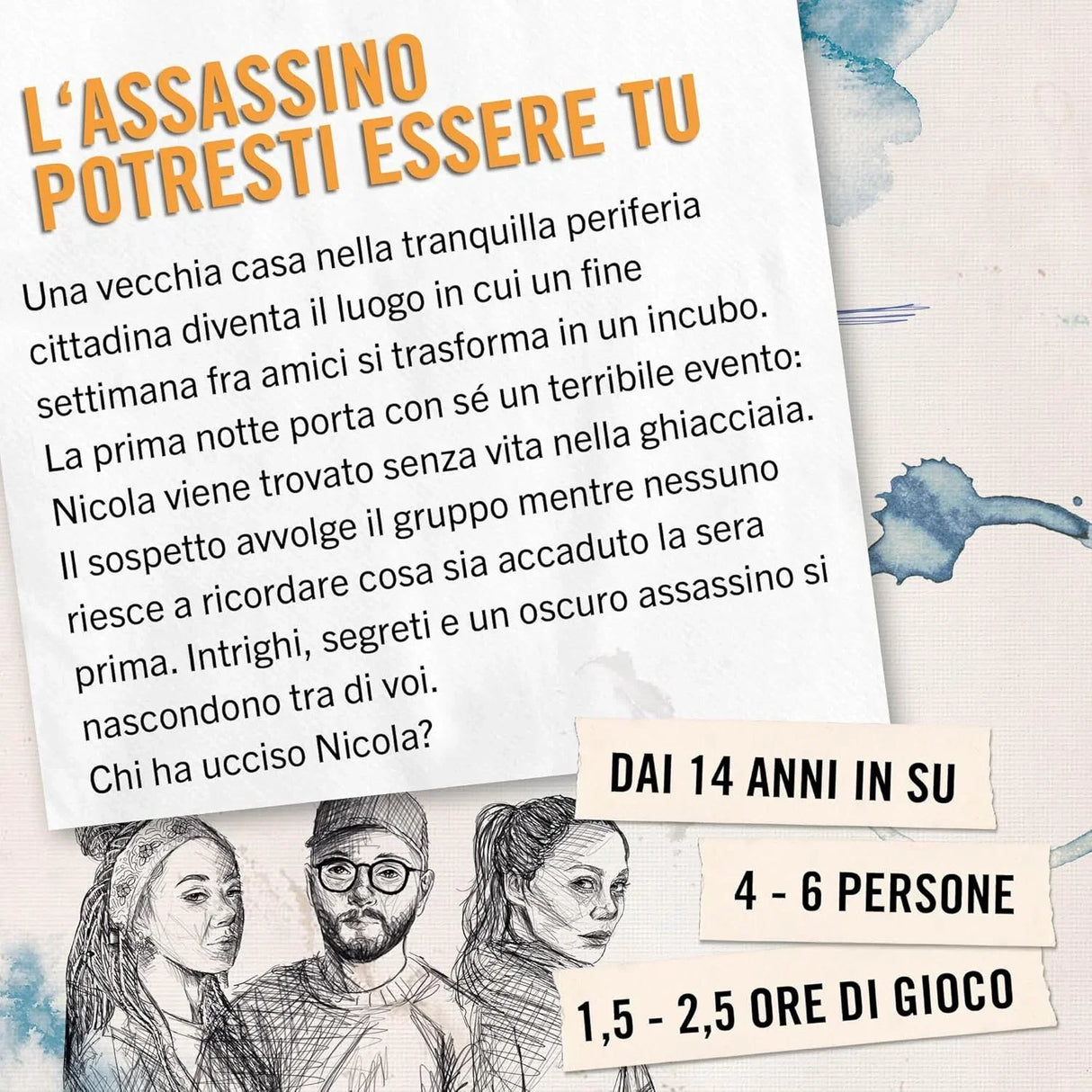 Titelbild des Spiels L'ASSASSINO POTRESTI ESSERE TU mit Alter, Spieleranzahl und Spieldauer