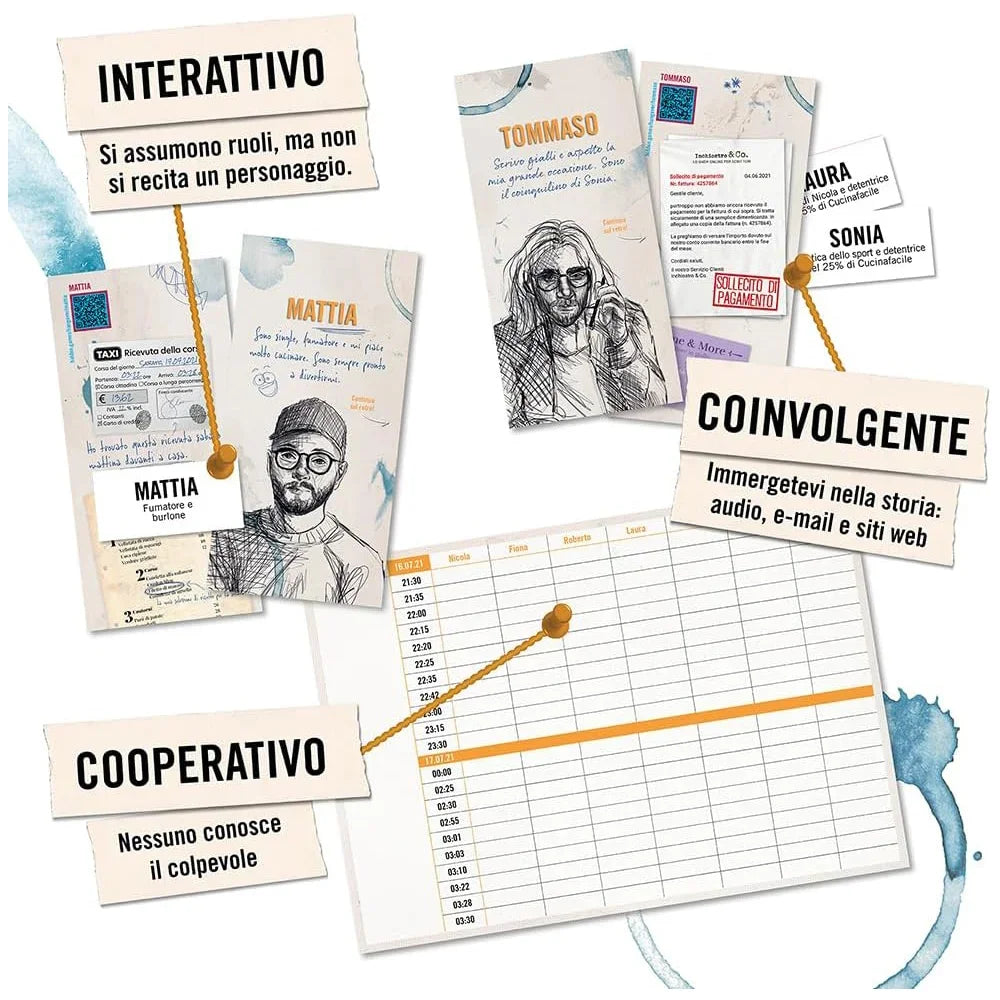 Interaktives, kooperatives und fesselndes Spiel mit Charakterkarten, Dokumenten und Zeitplan
