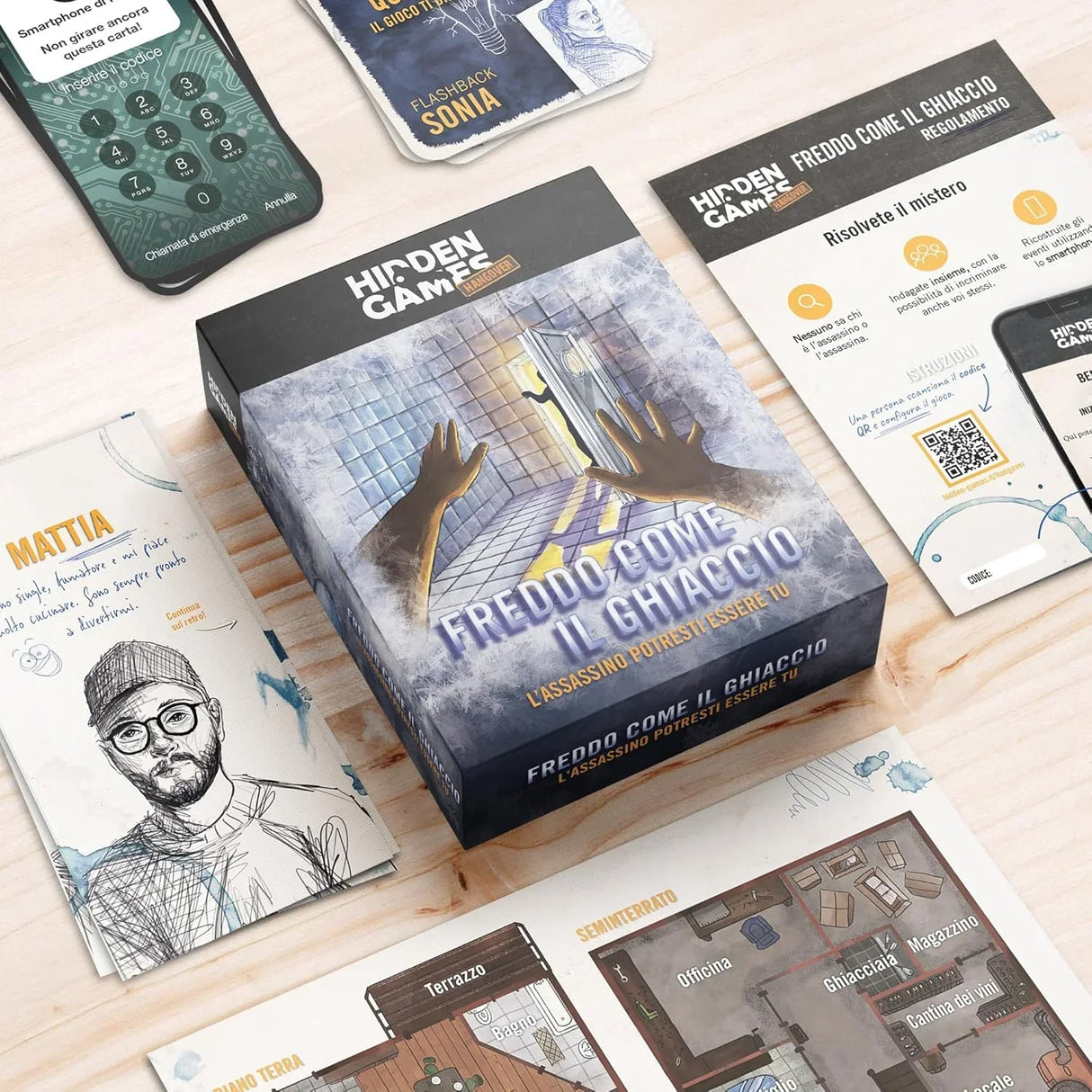 Hidden Games Hangover Brettspiel mit Spielmaterialien und Smartphone-Interface