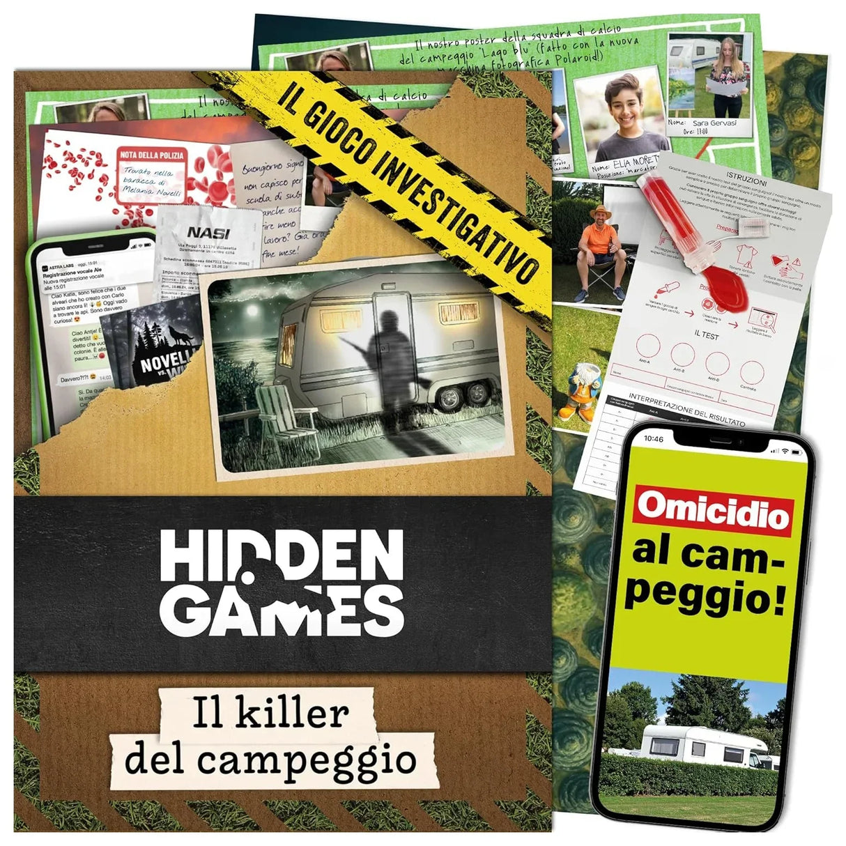 Eine Collage aus Beweismitteln und Hinweisen für ein Detektivspiel