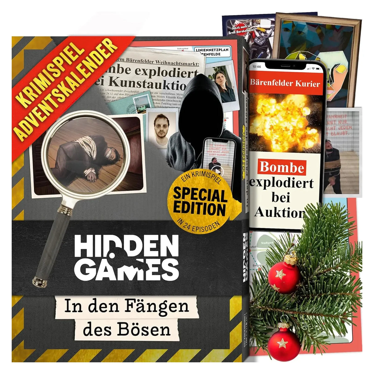Krimispiel Adventskalender mit Lupe, gefesselter Person, Zeitungsausschnitten und Weihnachtsschmuck