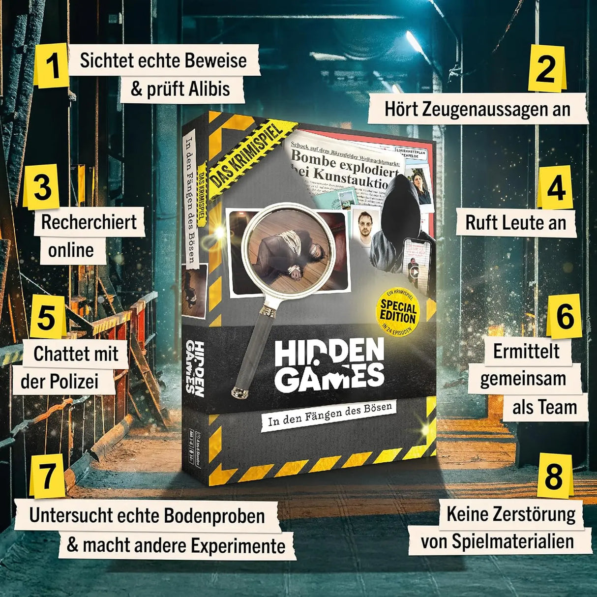 Hidden Games Krimispiel Box mit Lupe und Hinweisen zur Ermittlung