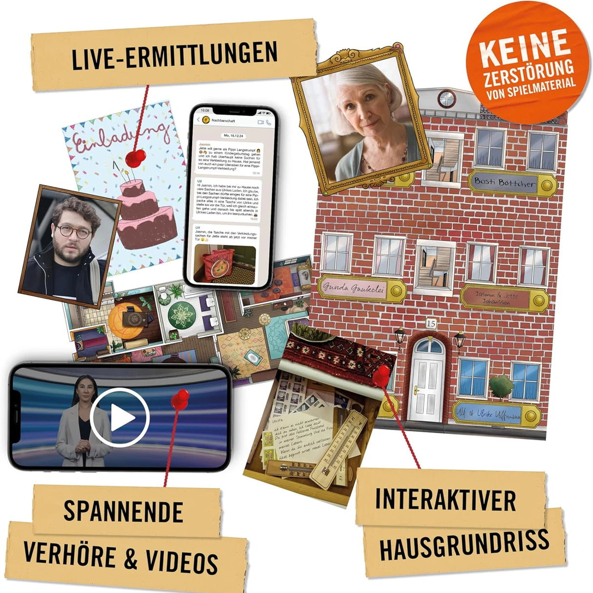 Spielmaterial mit Hausgrundriss, Chatverlauf, Videobildschirm und Hinweisen für ein Krimispiel