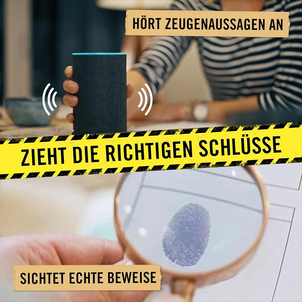 Spielgrafik mit Lautsprecher Lupe und Textbausteinen zu Ermittlungsaufgaben