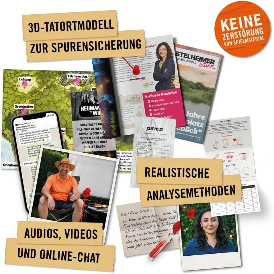 Spielmaterial fuer ein 3D Tatortmodell mit Dokumenten Fotos und Anleitungen zur Spurensicherung