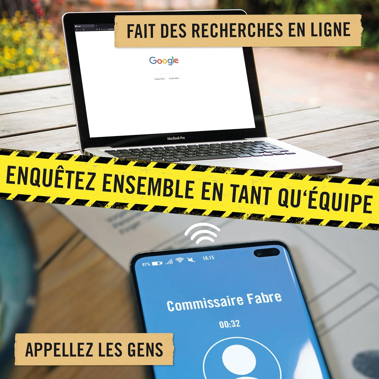 Laptop mit Google Suchseite und Smartphone mit aktivem Anruf auf einem Holztisch