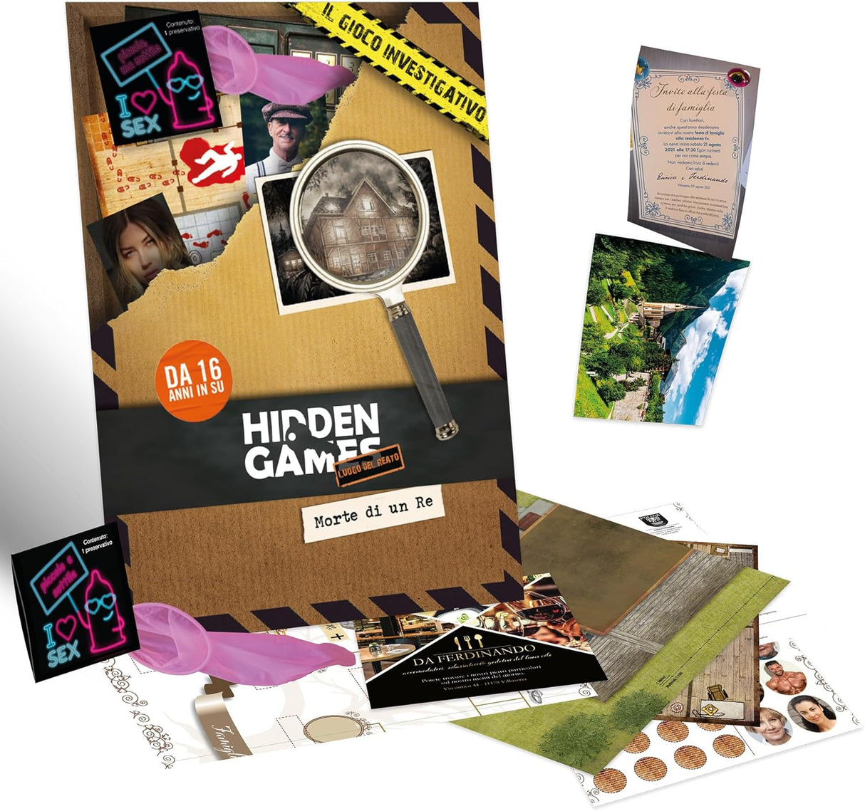 Spielmaterial des Krimispiels Hidden Games Morte di un Re mit Lupe und verschiedenen Dokumenten