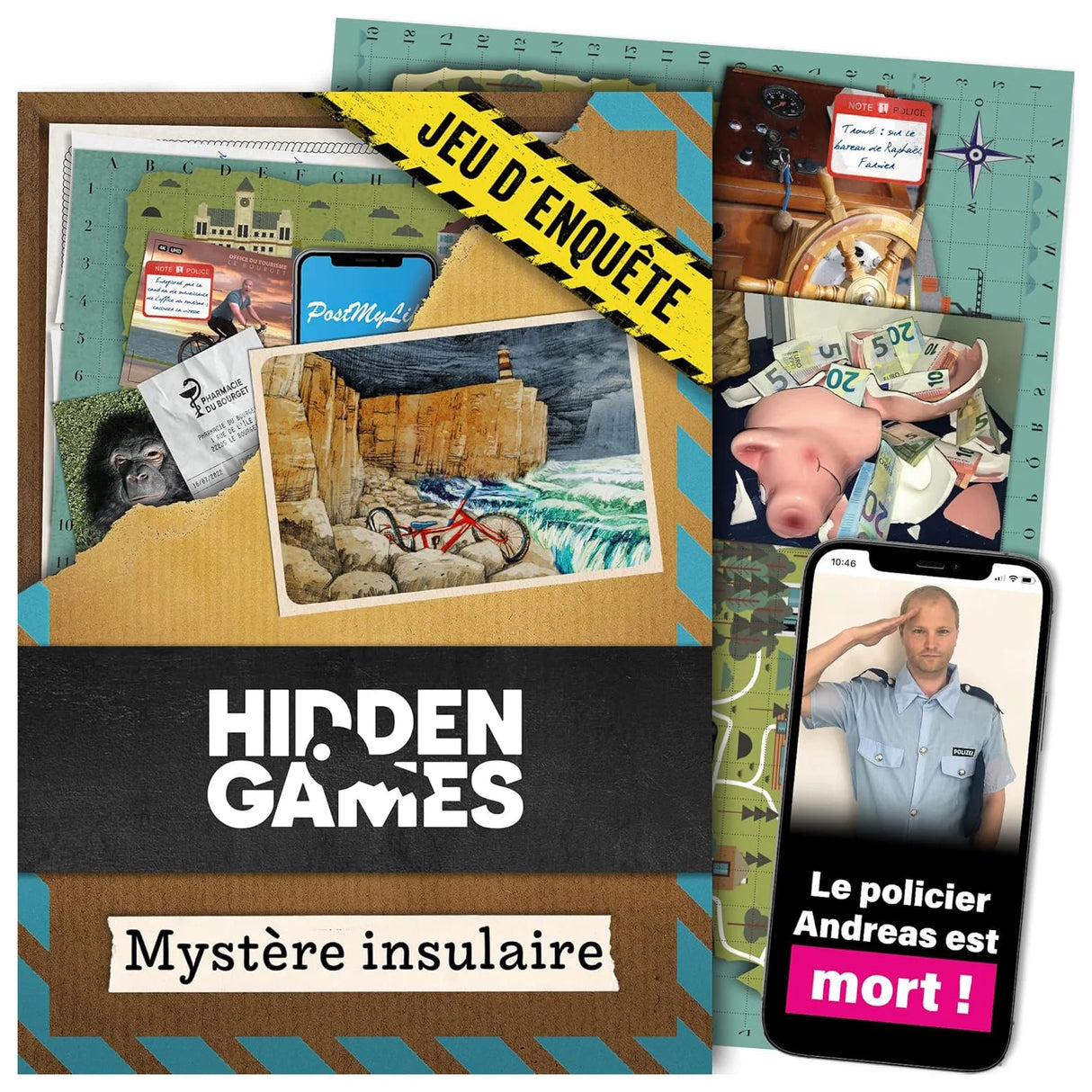Eine Collage aus Hinweisen für ein Detektivspiel mit dem Titel „Hidden Games: Mystère insulaire“