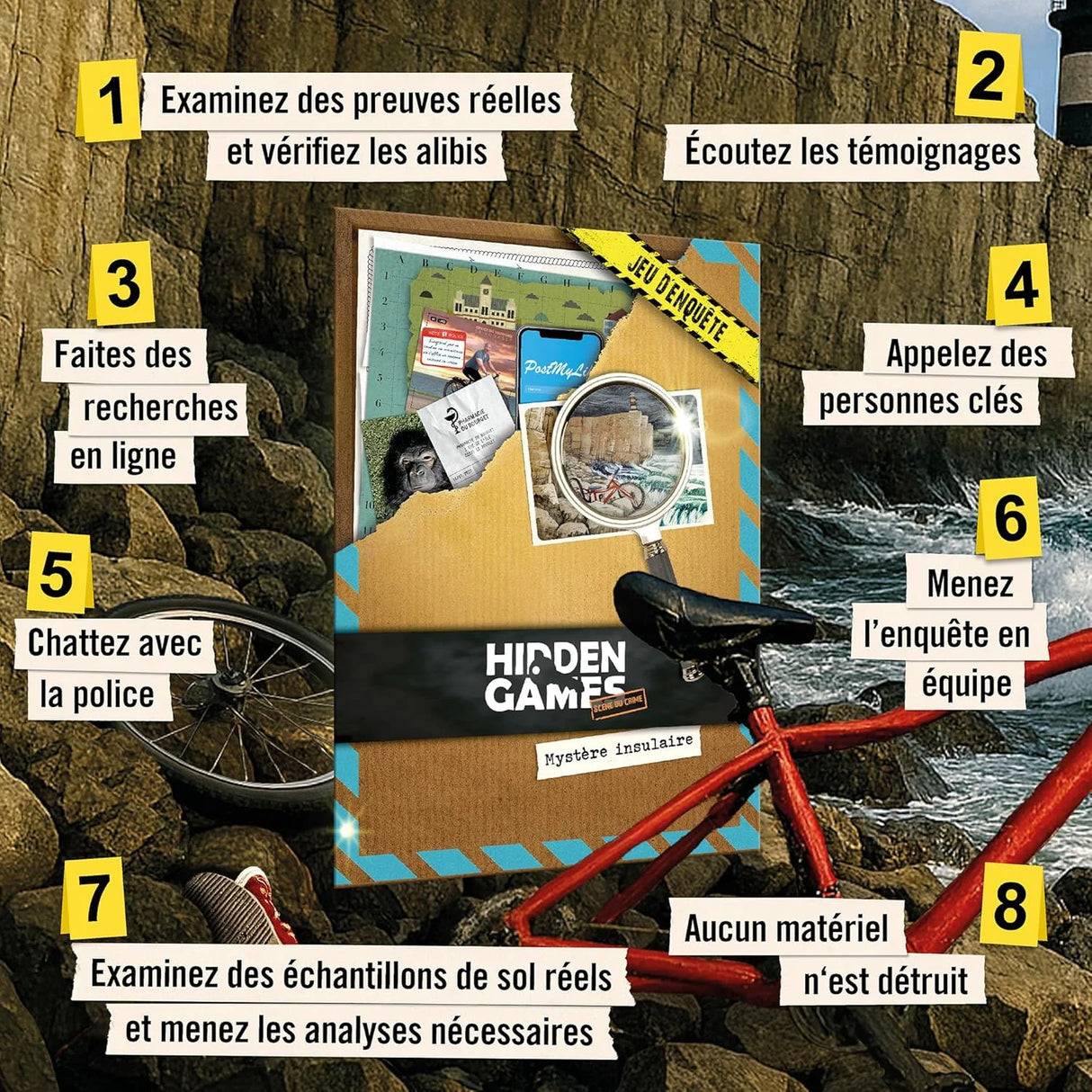 Hidden Games Mystère insulaire Spielbox mit Hinweisen und rotem Fahrrad am felsigen Strand