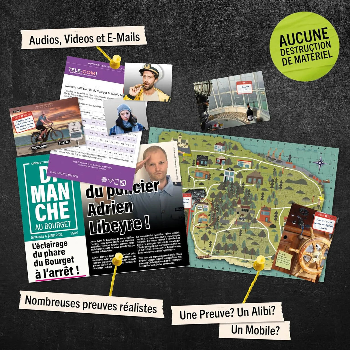 Eine Collage aus Beweismitteln mit Karten, Fotos und Zeitungsartikeln