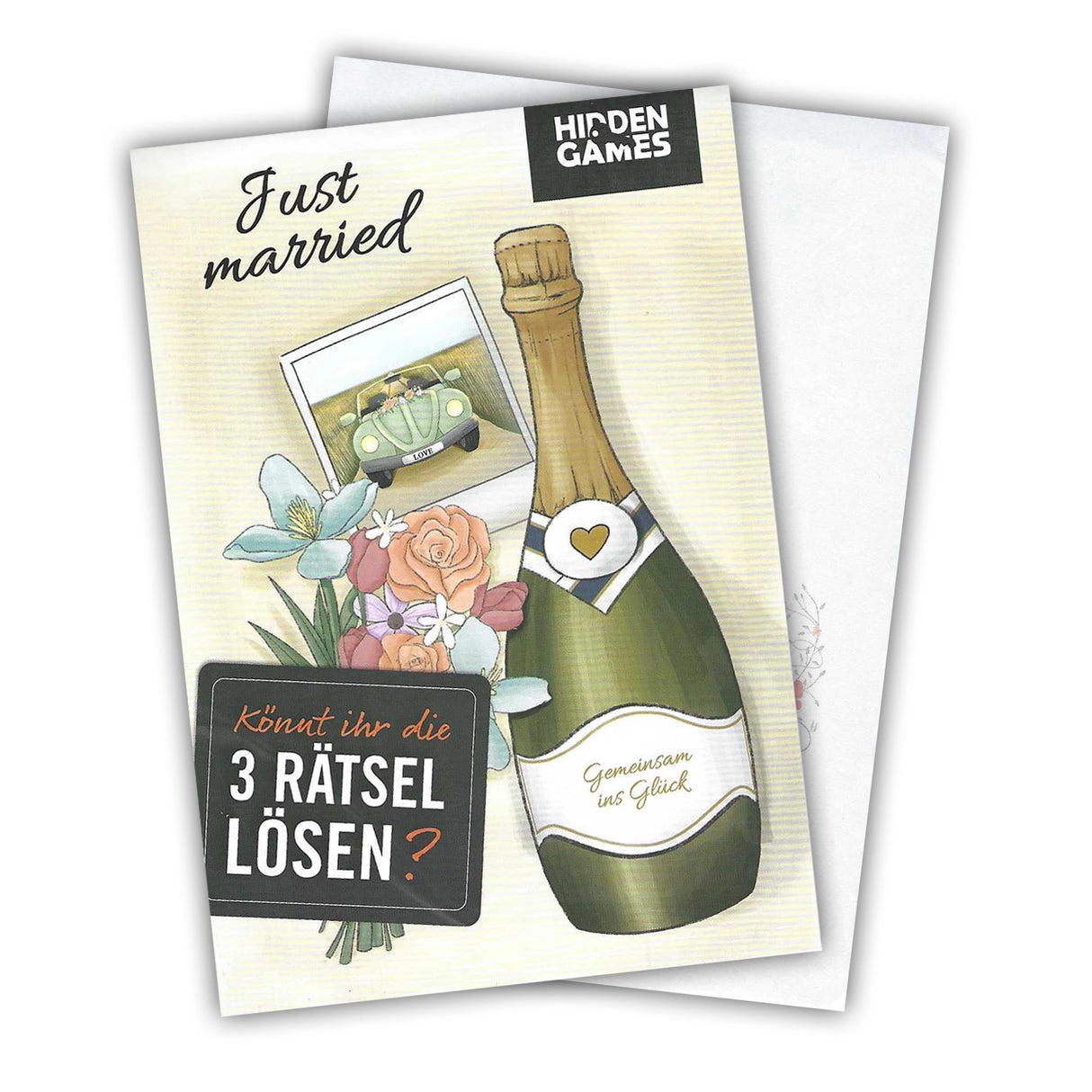 Hochzeitskarte mit Sektflasche Blumenstrauß und Foto eines Autos