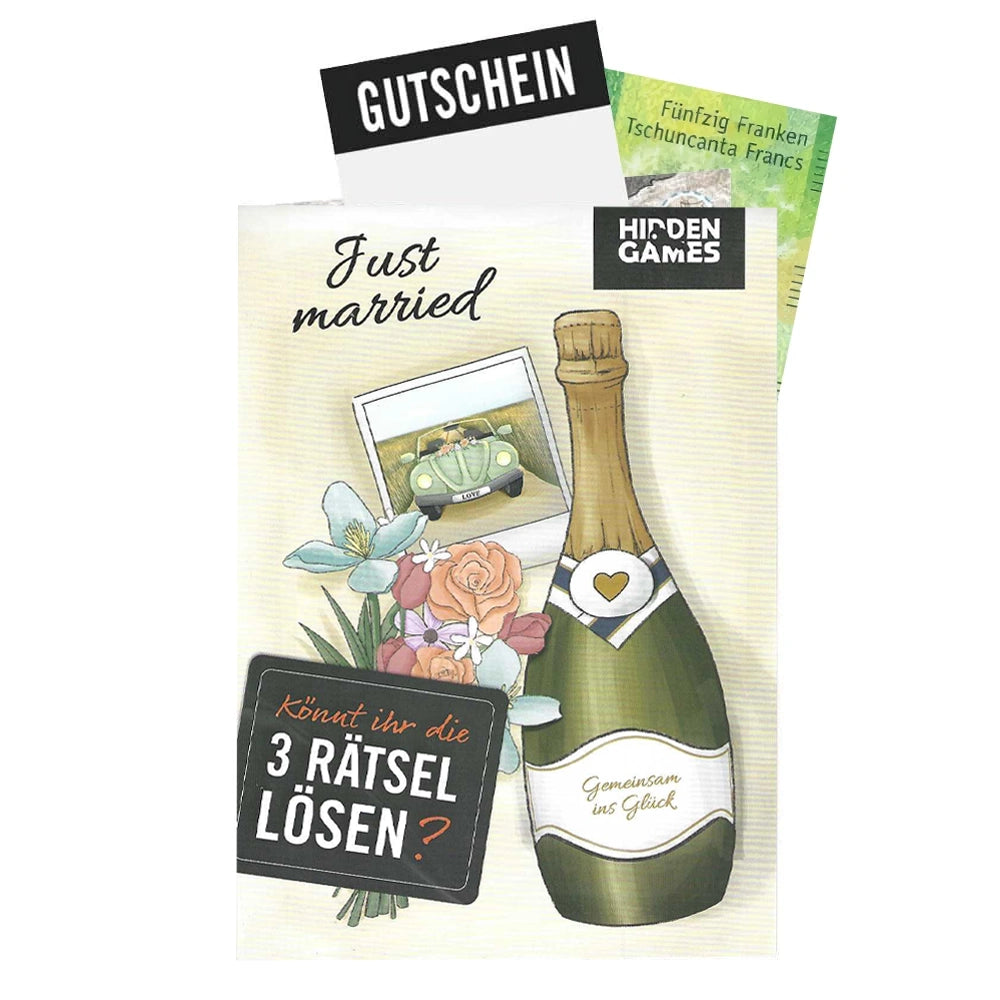 Gutschein mit Hochzeitsmotiv und Sektflasche von Hidden Games