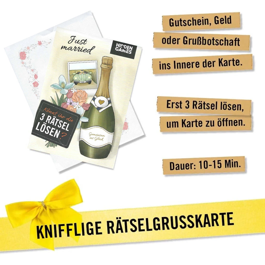 Hochzeitsgrußkarte mit Rätselaufgaben und Platz für Geschenke