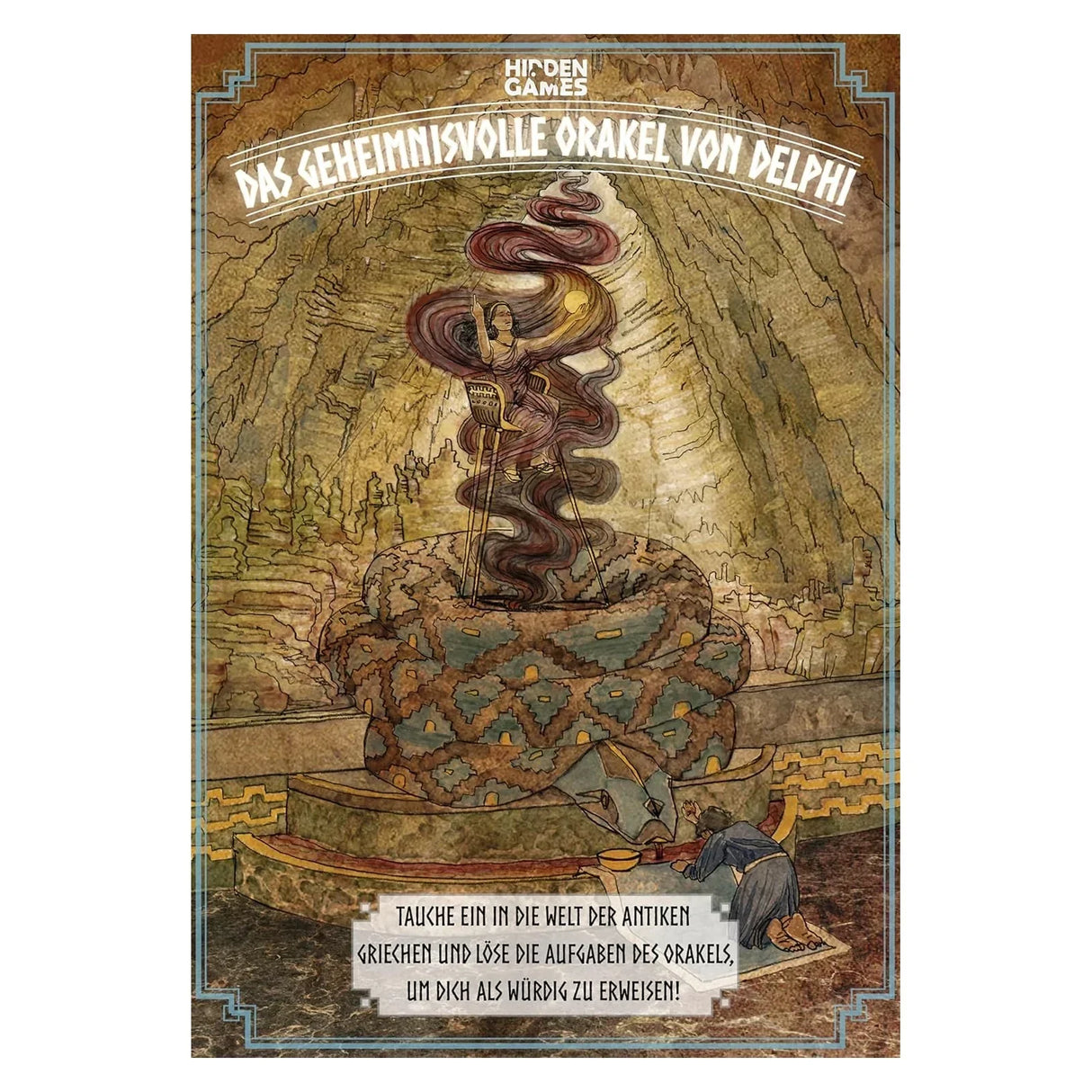 Das geheimnisvolle Orakel von Delphi Brettspielcover mit einer Frau auf einem Stuhl und einer Schlange