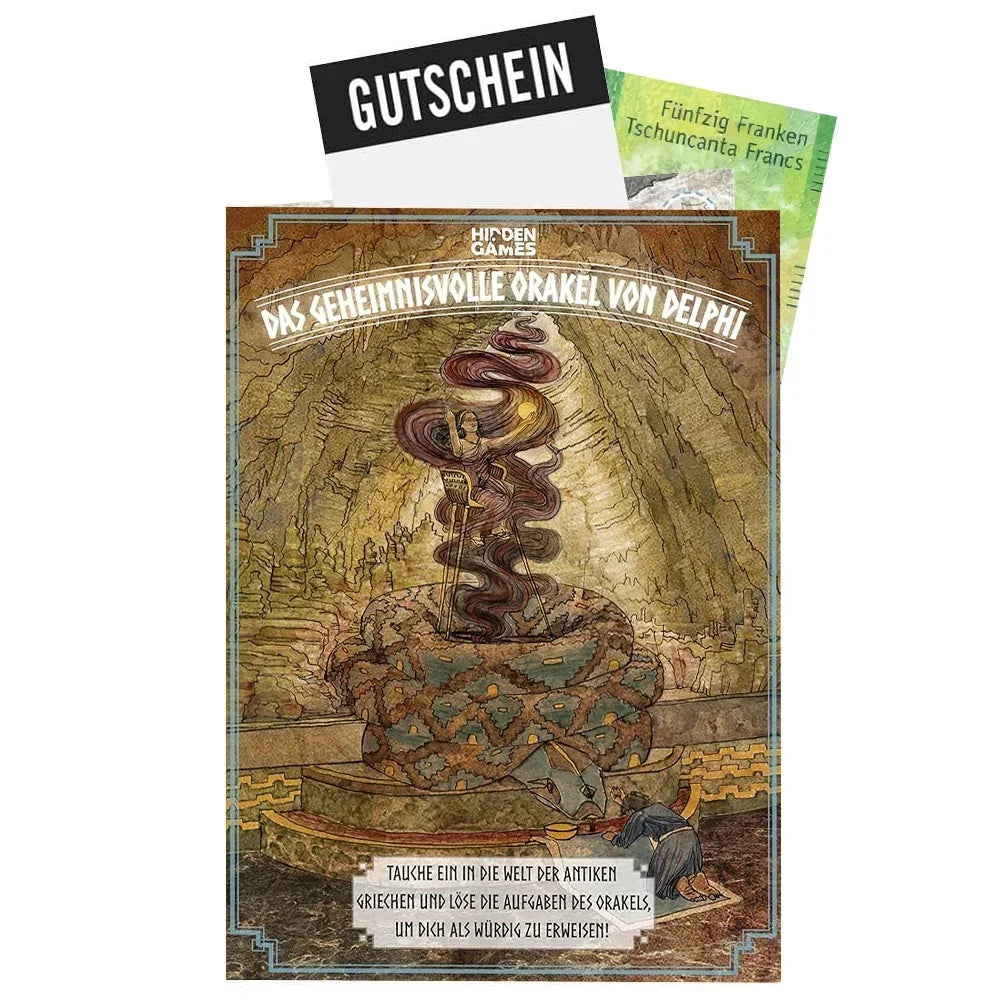 Spielschachtel Das geheimnisvolle Orakel von Delphi mit Gutschein und Geldschein