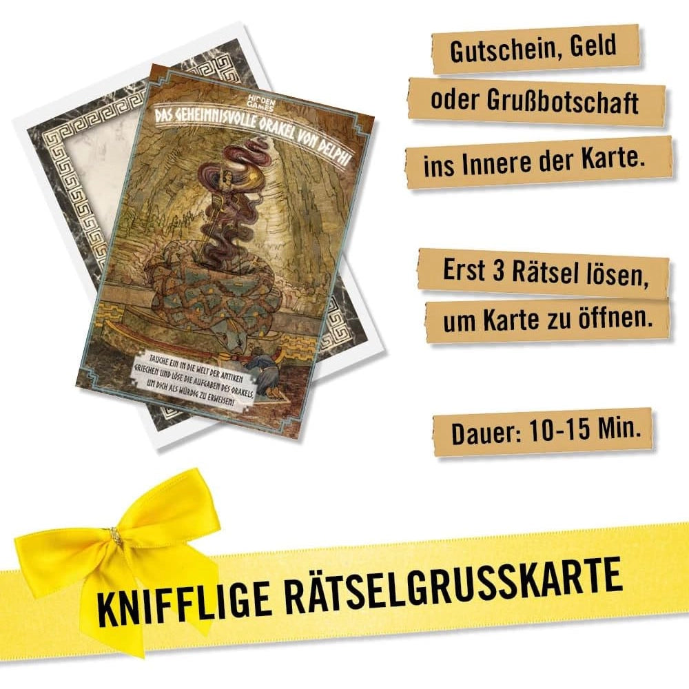Knifflige Rätselgrußkarte mit Orakel von Delphi Motiv und Anleitung zum Lösen von drei Rätseln