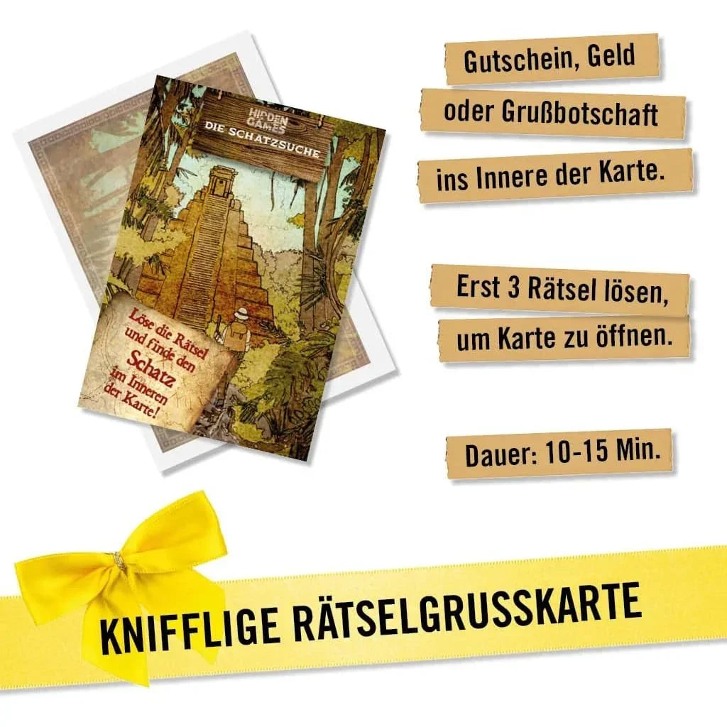 Anleitung zur Schatzsuche Grußkarte mit Rätseln zum Öffnen für Gutscheine oder Geld