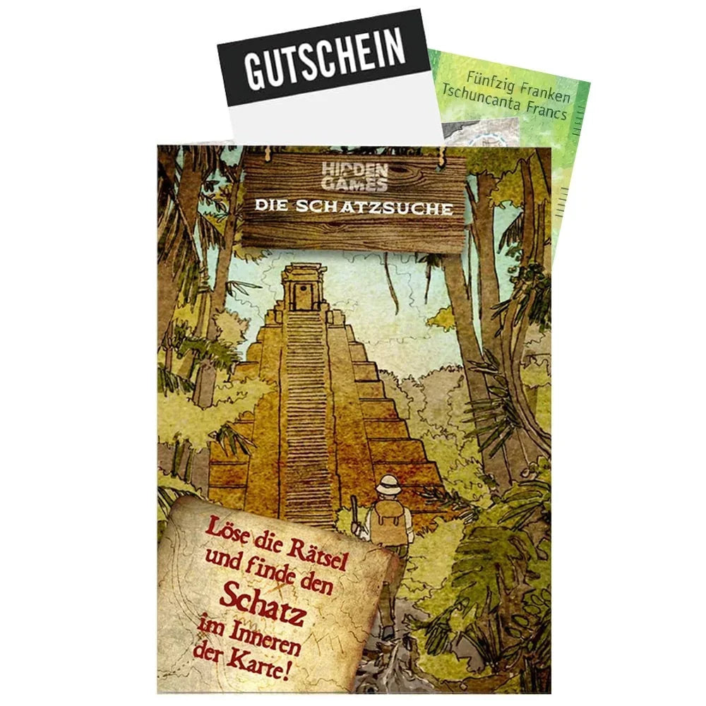 Gutschein für das Spiel Hidden Games Die Schatzsuche mit einer Illustration einer Tempelpyramide im Dschungel