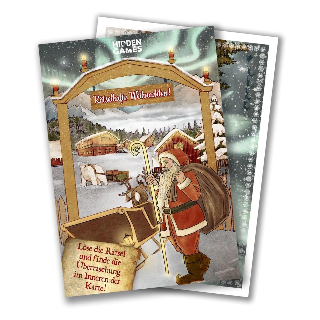 Weihnachtskarte mit Weihnachtsmann, Rentier und Eisbär vor einer verschneiten Winterlandschaft