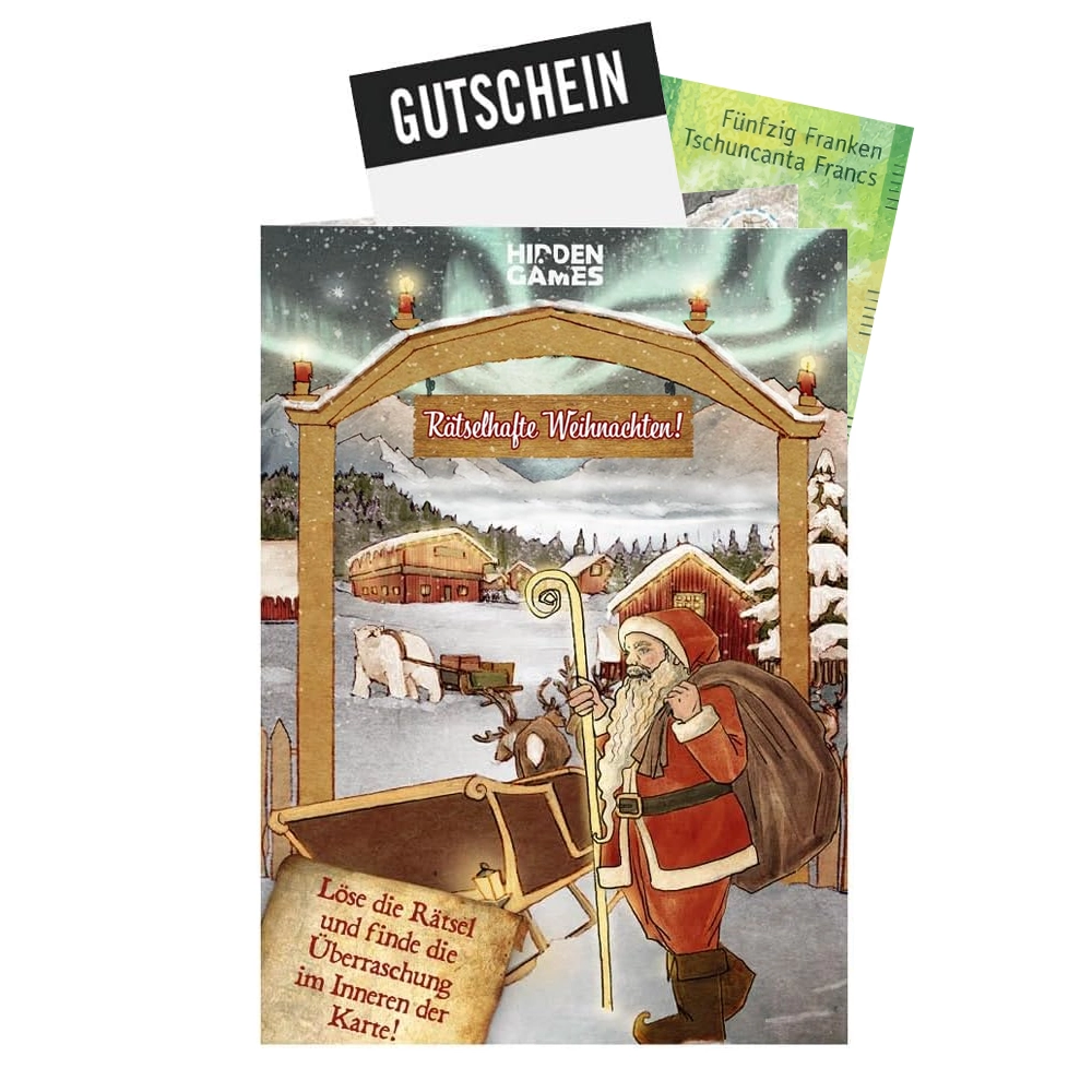 Weihnachtlicher Gutschein von Hidden Games mit Weihnachtsmann und Winterlandschaft