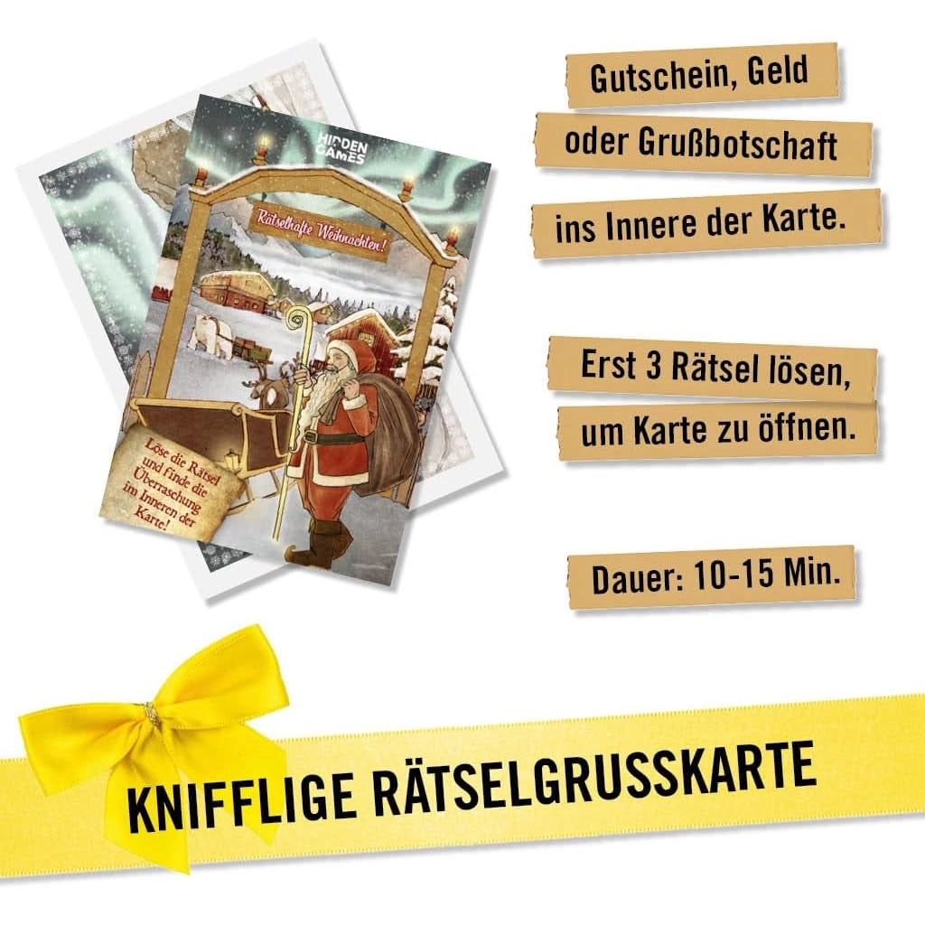 Weihnachtliche Rätselgrußkarte mit Anleitung zum Lösen von drei Rätseln für den Zugriff auf den Inhalt