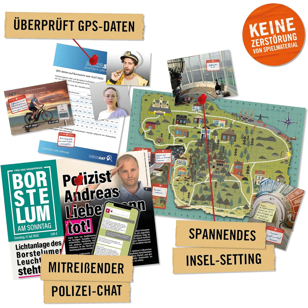 Spielmaterial eines Krimispiels mit Inselkarte, Polizeinotizen, Fotos und Chatverlauf auf einem Smartphone