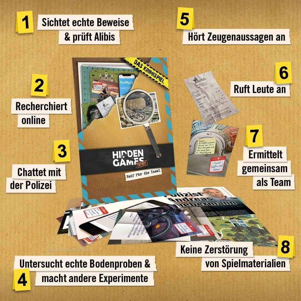 Infografik mit acht Schritten zur Spielanleitung eines Krimispiels mit Beweismaterial und Lupe