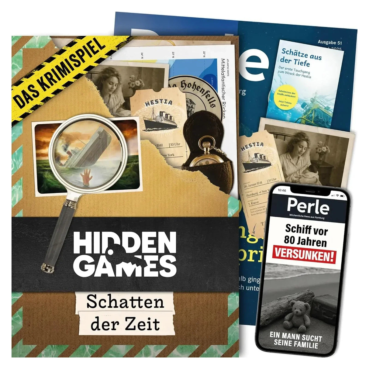 Krimispiel-Set mit Lupe, Schiffsbildern, Taschenuhr und Smartphone mit Nachrichtenartikel