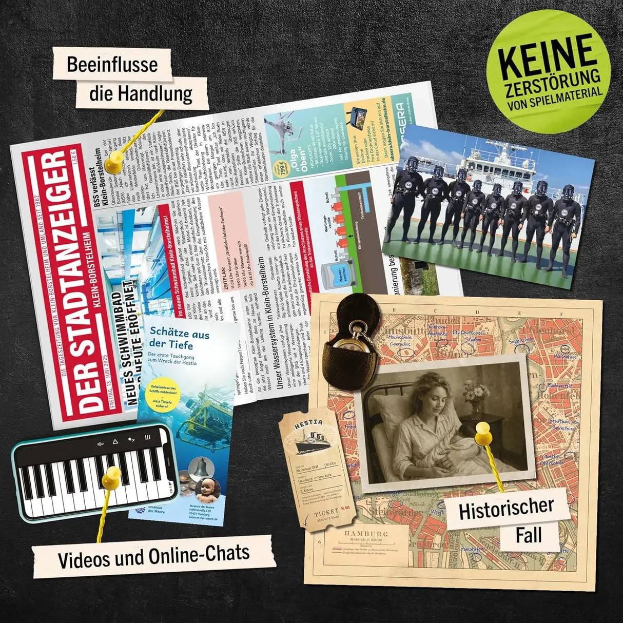 Eine Collage aus Zeitungsartikeln, Fotos und Karten, die ein Detektivspiel darstellen