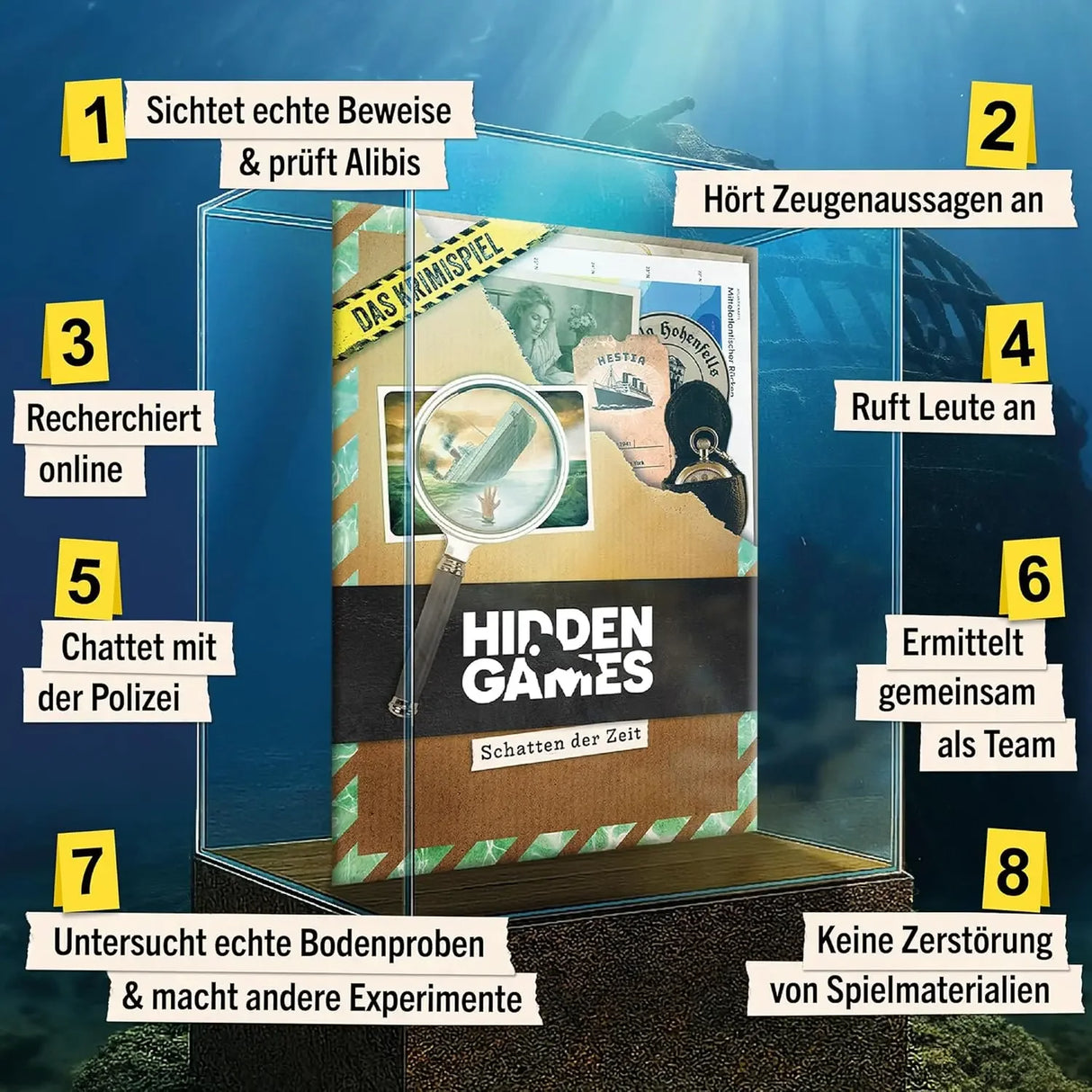 Das Krimispiel Hidden Games Schatten der Zeit in einer Vitrine unter Wasser mit 8 Hinweisen zur Spielweise
