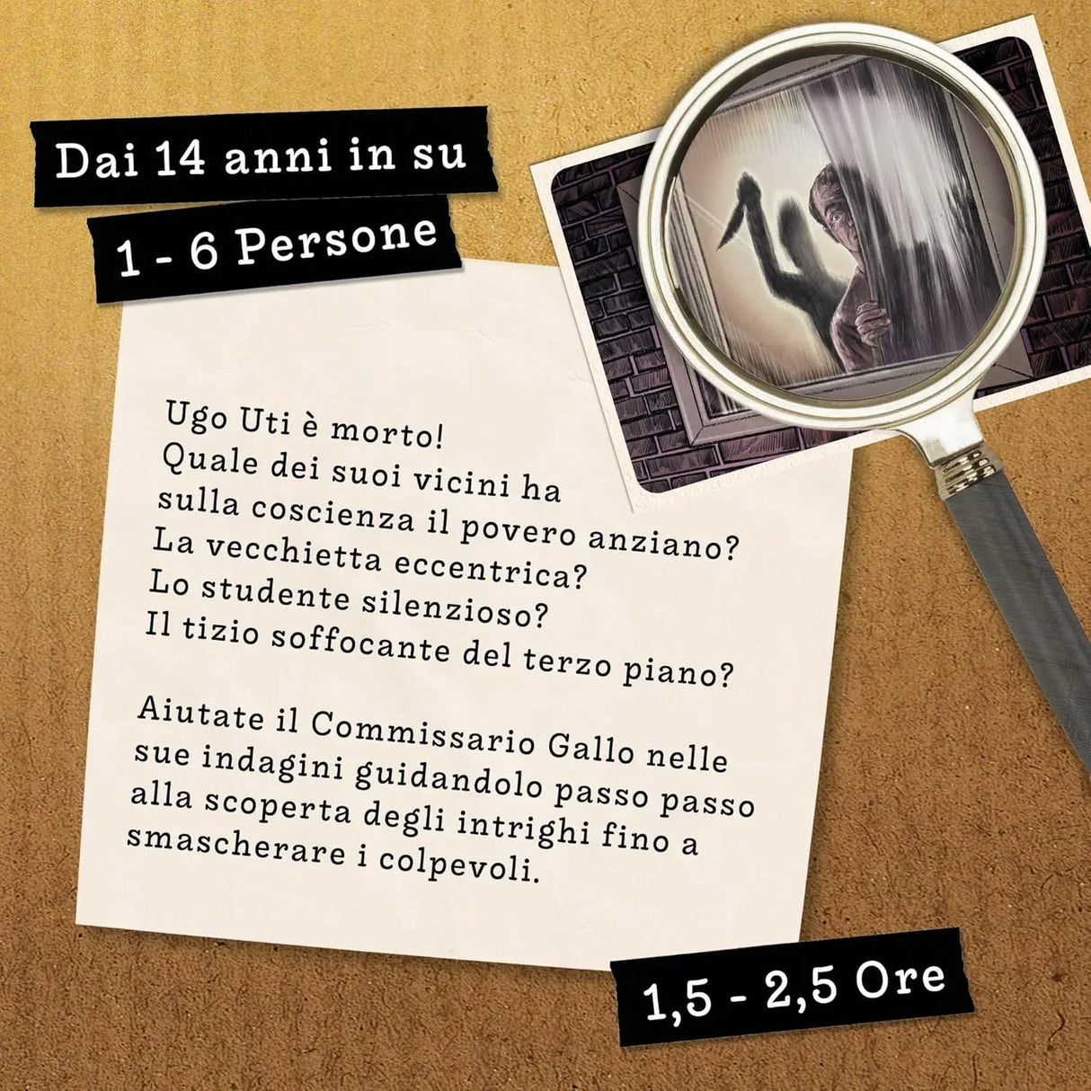 Lupe ĂŒber einem Fenster mit einer Person, die ein Messer hĂ€lt, daneben Text mit Spielinformationen
