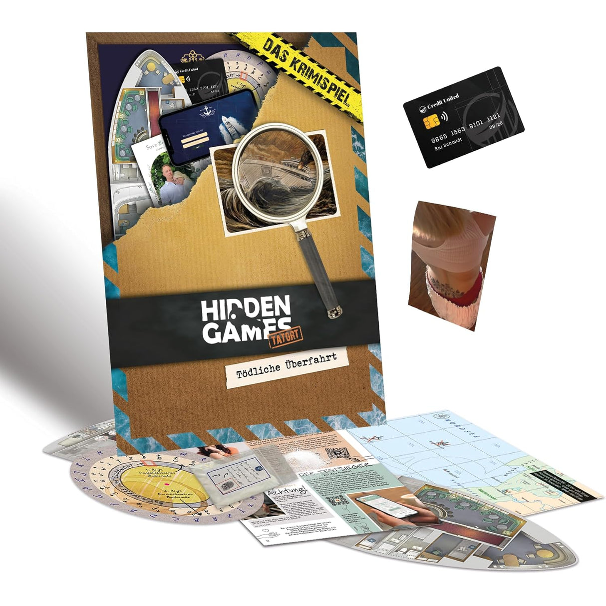 Krimispiel Hidden Games Tatort Tödliche Überfahrt mit Spielmaterial wie Karten Lupe und Dokumenten