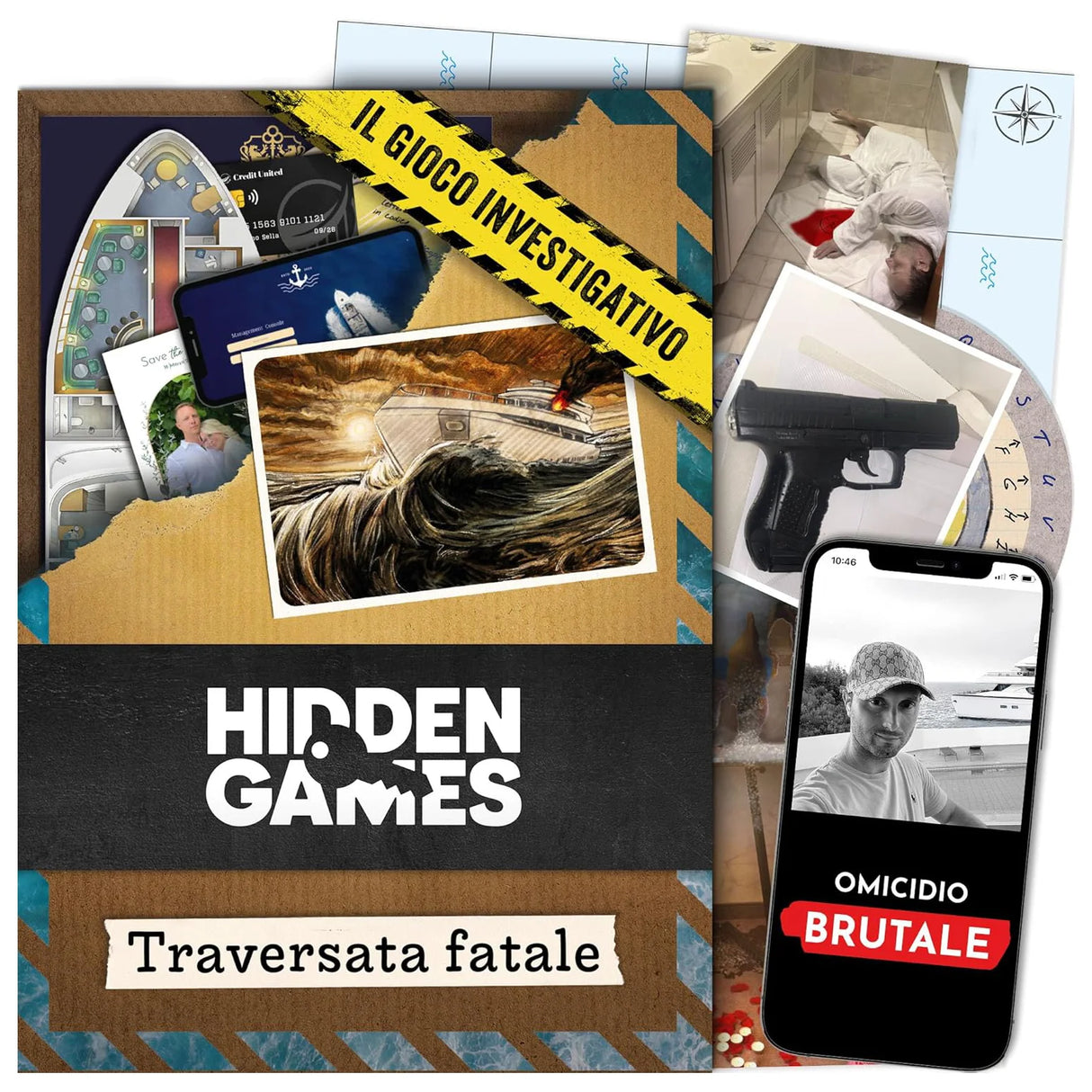 Brettspiel Hidden Games Tödliche Ăberfahrt mit Hinweisen wie Kreditkarten, Fotos und einer Waffe