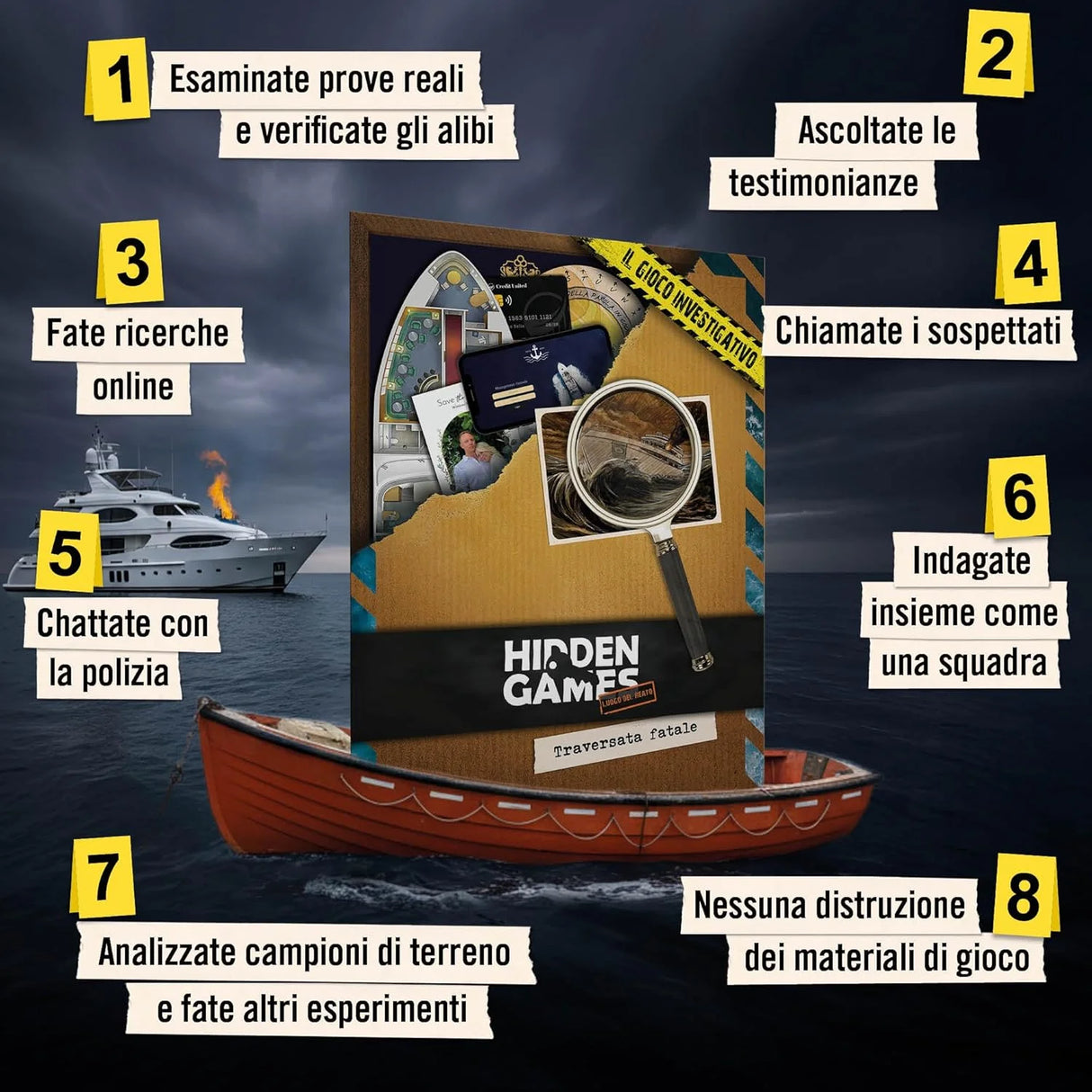 Hidden Games: Tödliche Ăberfahrt Spielbox in einem Rettungsboot mit Hinweisen und einem brennenden Schiff