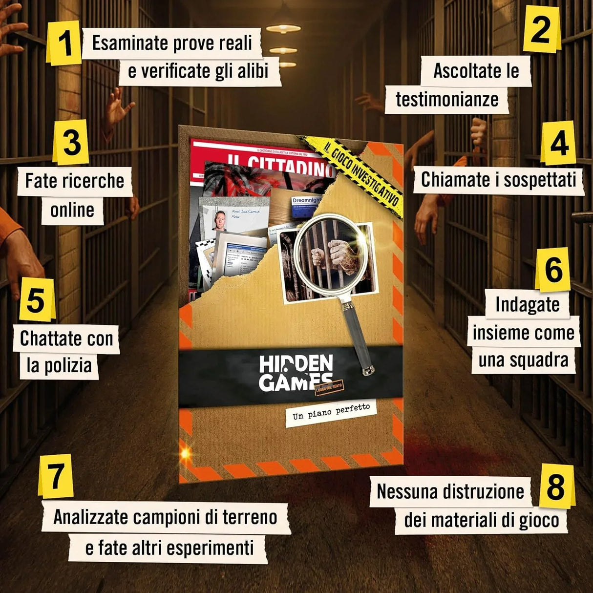 GefÀngniszelle mit HÀnden, die durch GitterstÀbe greifen, und einem Spielbrett mit Hinweisen und einer Lupe