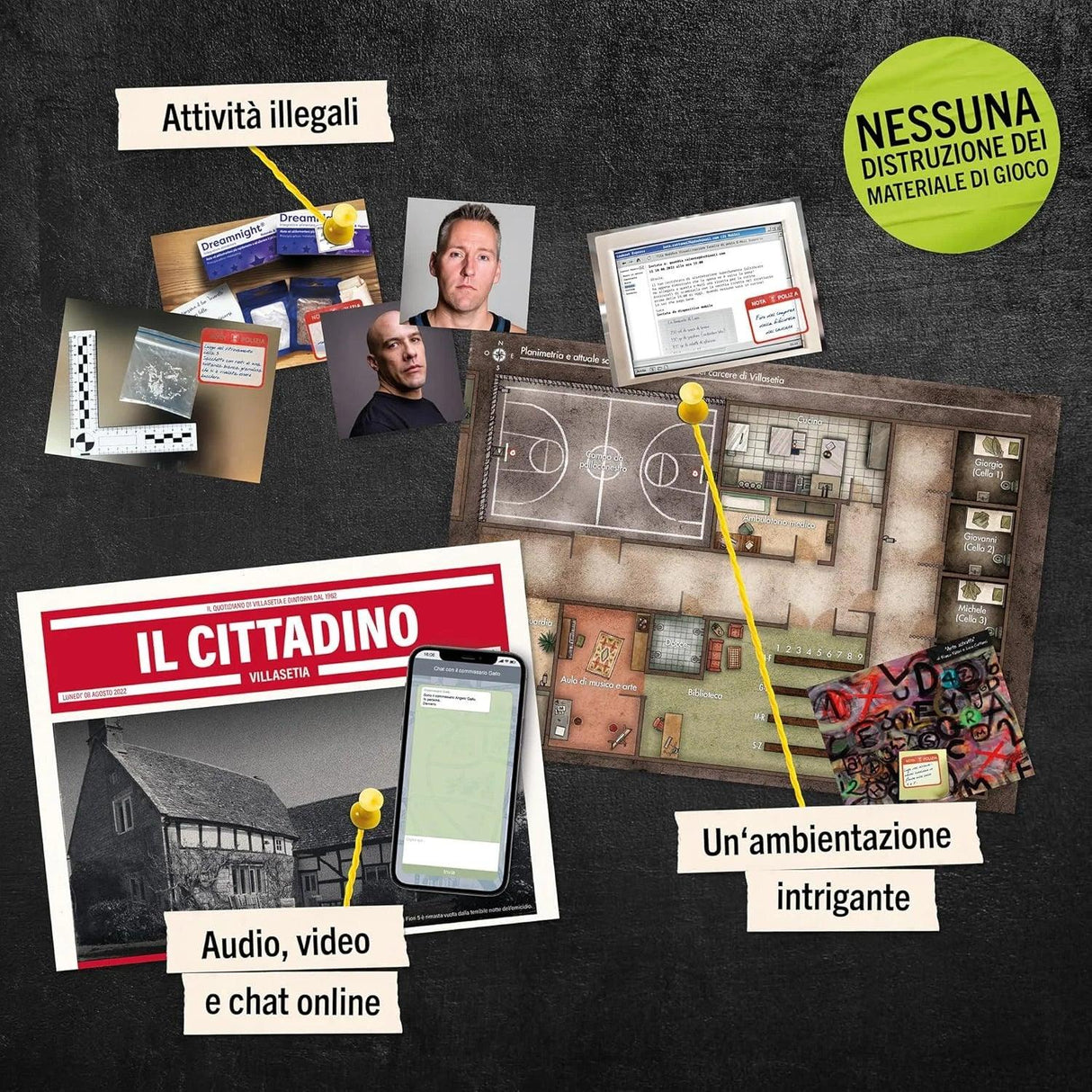 Eine Collage mit Hinweisen zu einem Kriminalfall, darunter Fotos von MĂ€nnern, Drogen und einem Zeitungsartikel