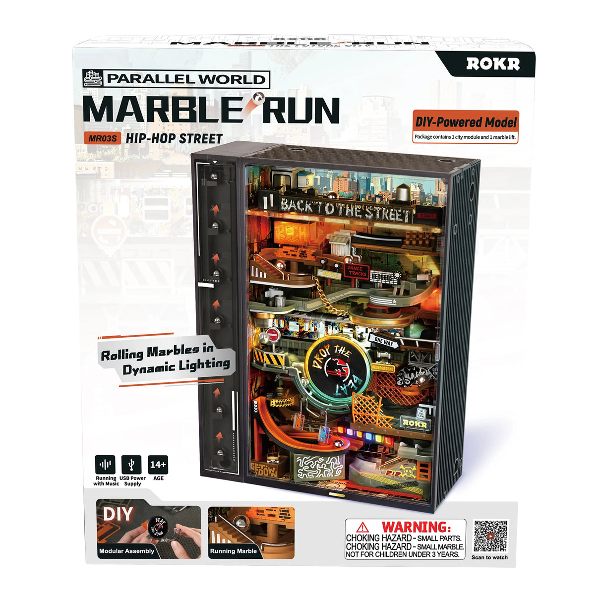 Verpackung des ROKR Parallel World Marble Run Hip-Hop Street Modells mit dynamischer Beleuchtung