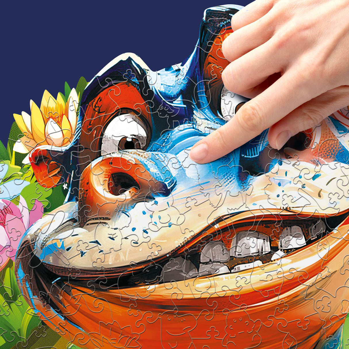 Eine Hand platziert ein Puzzleteil auf einem bunten Puzzle mit einem lachenden Gesicht und Blumen