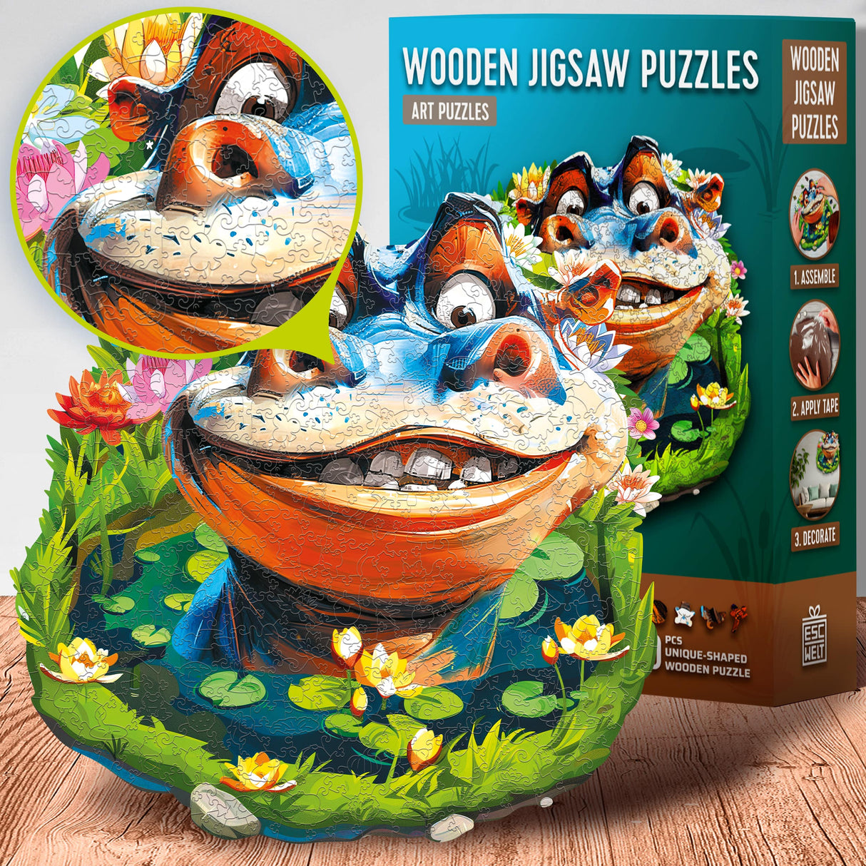 Holzpuzzle mit Nilpferd-Design und Schachtel