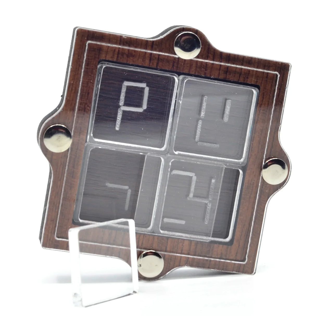 Quadratisches Holzpuzzle mit vier transparenten Feldern und einem separaten losen Bauteil