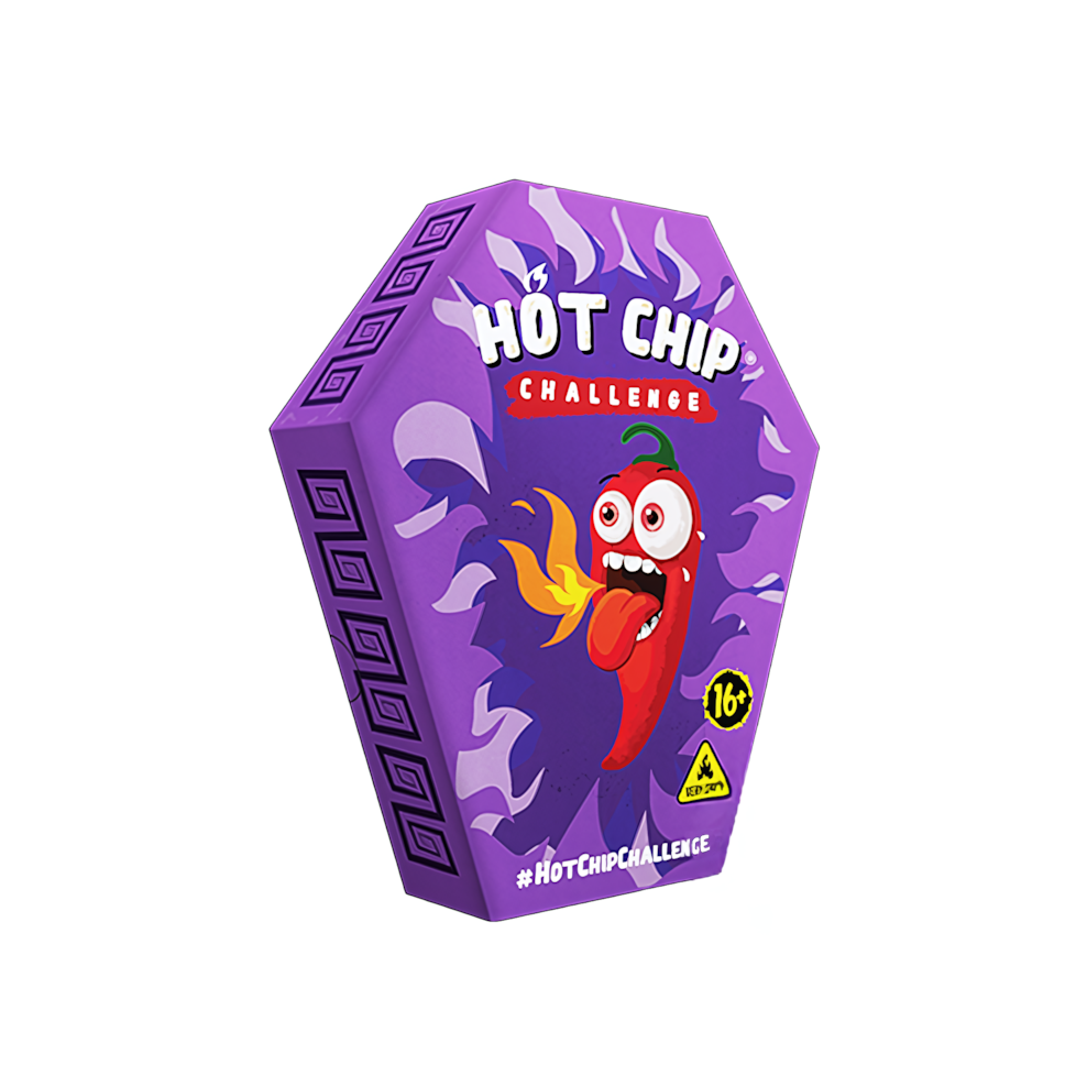 Lila Sarg-förmige Box mit Hot Chip Challenge Logo und Cartoon-Chilischote