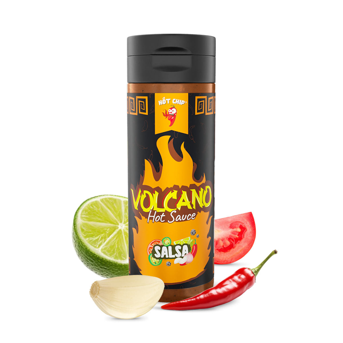 Hot Chip Volcano Hot Sauce Salsa Flasche mit Limette, Knoblauch, Tomate und Chili