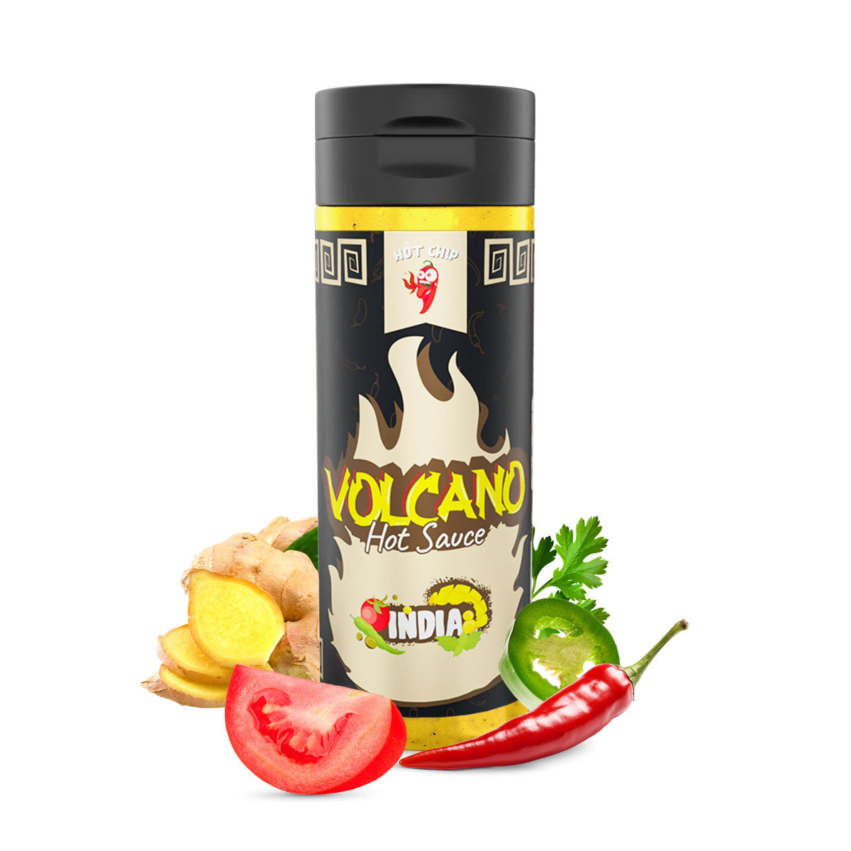 Volcano Hot Sauce Flasche mit Ingwer, Tomate, Chili und Koriander