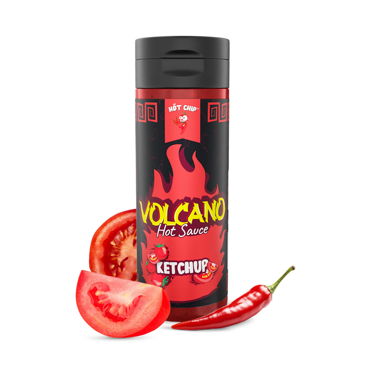 Hot Chip Volcano Hot Sauce Ketchup Flasche mit Tomatenscheiben und Chilischote